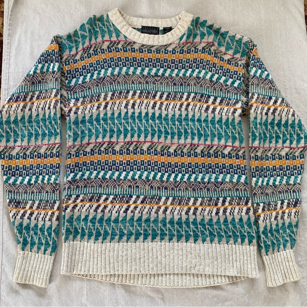 Men’s Vintage Sweater Graphix Aztec Western Crew Neck 100% cotton Sz Large - Picture 3 of 7